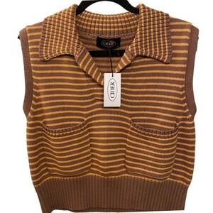 Cider Striped Knit Sweater Vest Brown Yellow Cotton Collar Pockets Mens Medium